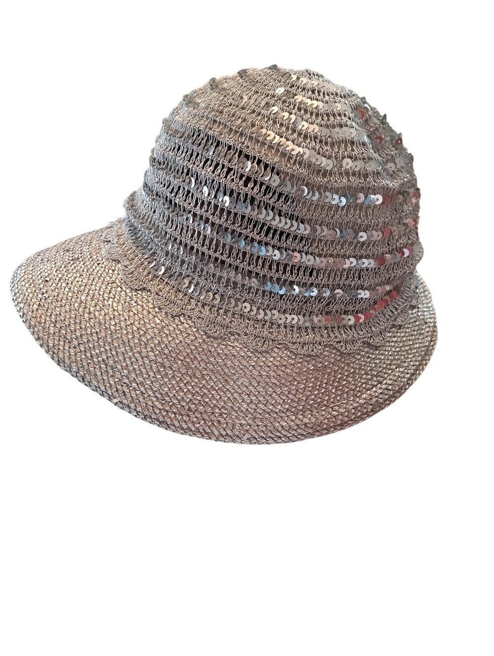 Eric Javits Silver Mesh Crochet Hat One Size Brimmed